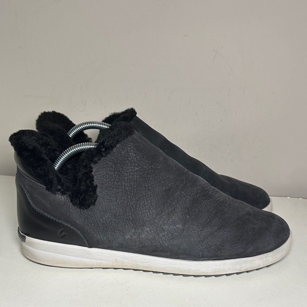Olukai women’s Black faux fur leather Slip-On booties